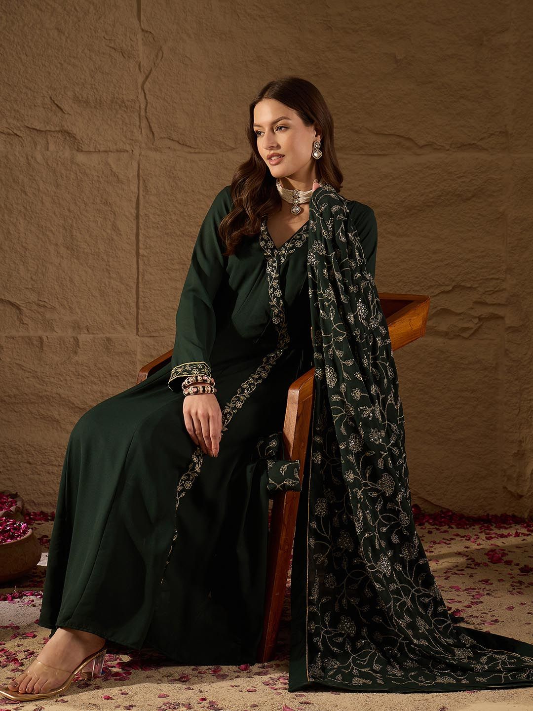 KALINI Floral Embroidered V-Neck Angrakha Kurta with Trousers & Dupatta
