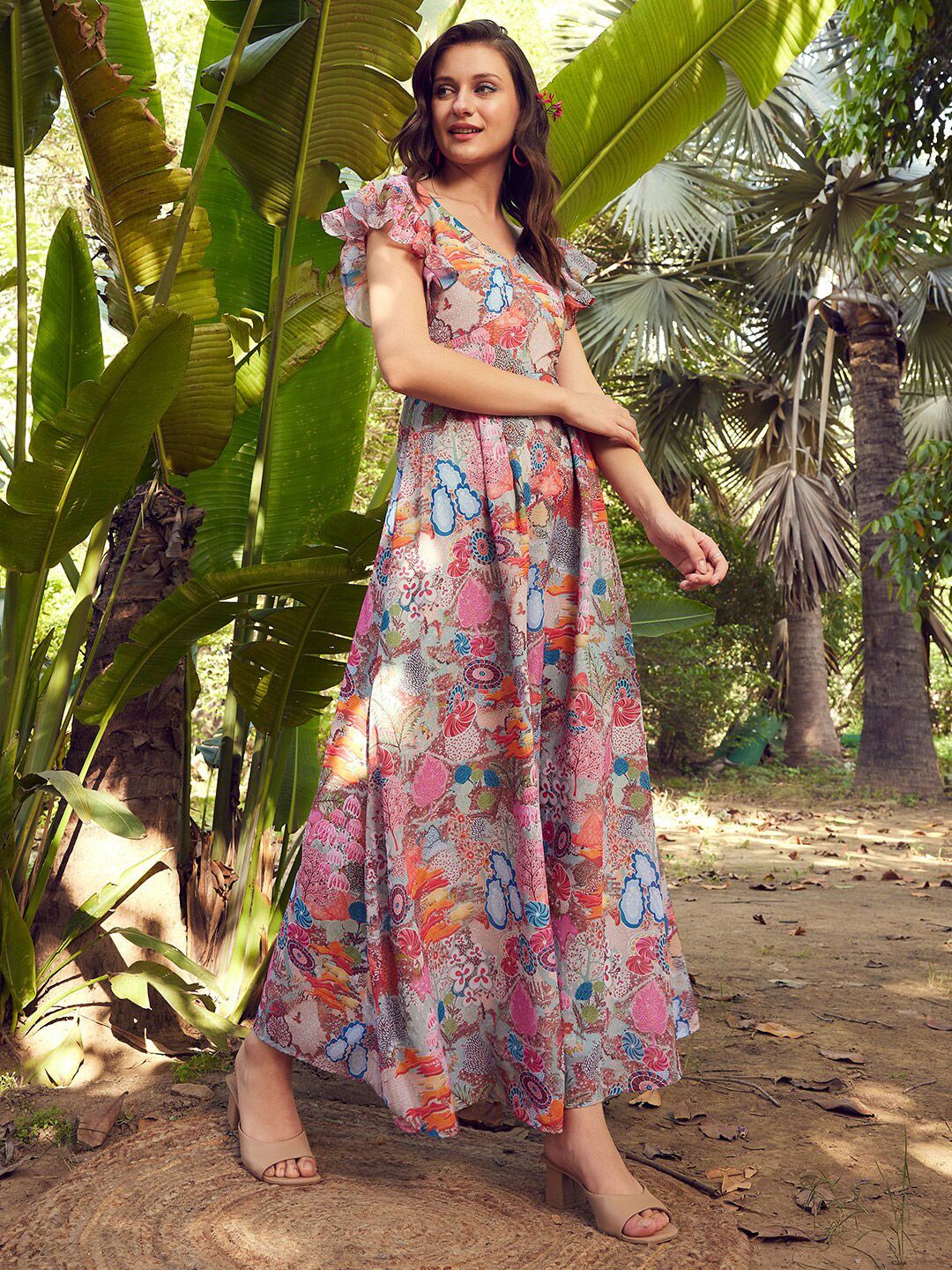 STREET 9 Floral Printed Georgette Flutter Sleeves Maxi Dress