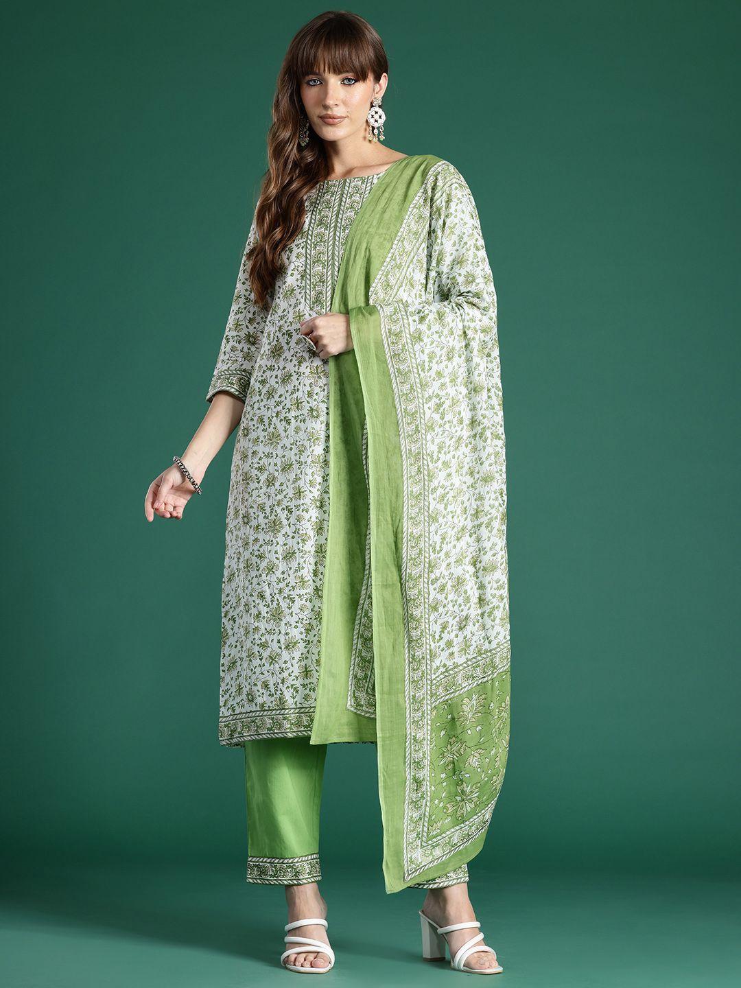 Indo Era Women Floral Printed Pure Cotton Kurta with Trousers & With Dupatta