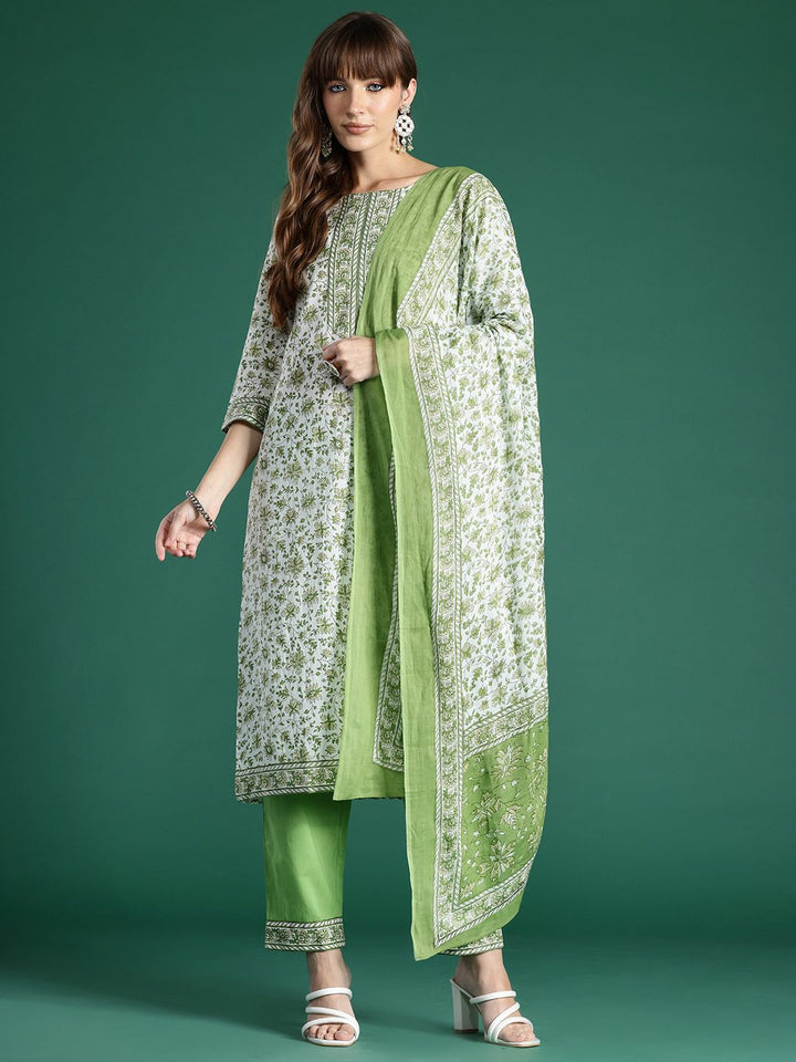 Indo Era Women Floral Printed Pure Cotton Kurta with Trousers & With Dupatta