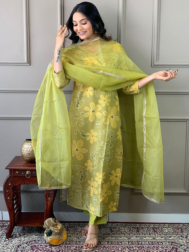 KALINI Floral Embroidered V-Neck Thread Work Straight  Kurta with Trousers & Dupatta
