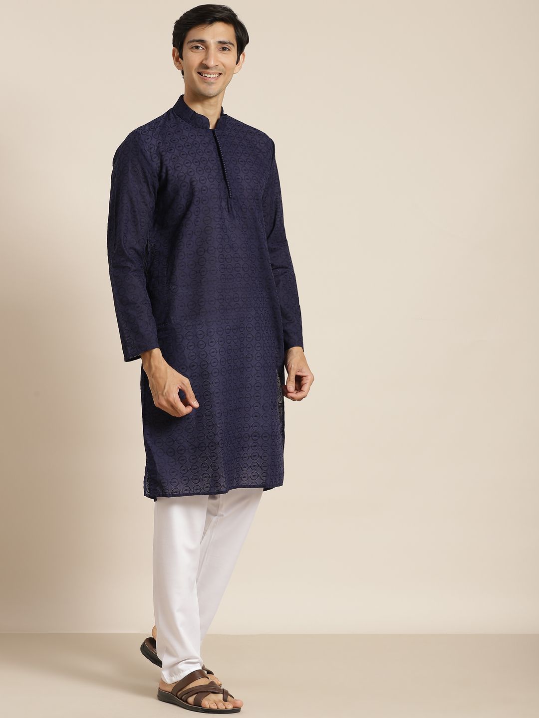 SOJANYA Men Navy Blue Ethnic Motifs Pure Cotton Kurta with Churidar & Nehru Jacket