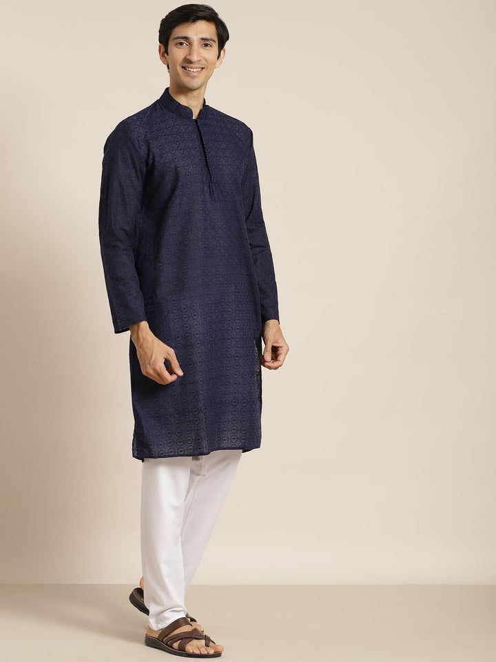 SOJANYA Men Navy Blue Ethnic Motifs Pure Cotton Kurta with Churidar & Nehru Jacket