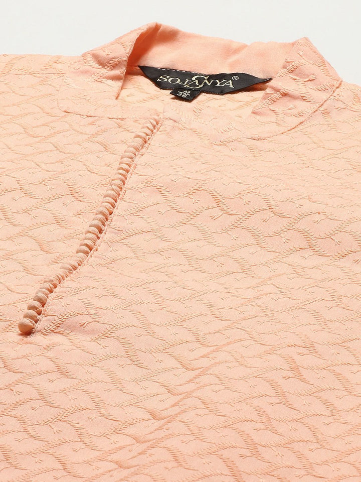 SOJANYA Men Peach-Coloured Chikankari Pure Cotton Kurta with Churidar & Nehru Jacket