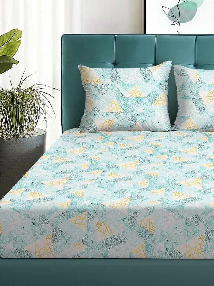 Story@home Arena Blue & Gold-Toned Printed 180 TC Queen Bedsheet & 2 Pillow Covers