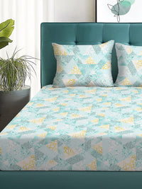 Story@home Arena Blue & Gold-Toned Printed 180 TC Queen Bedsheet & 2 Pillow Covers