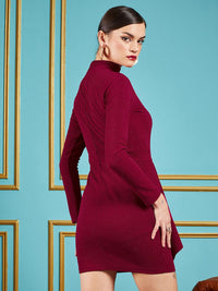 SASSAFRAS Maroon Self Design Gathered Detail High Neck Sheath Dress