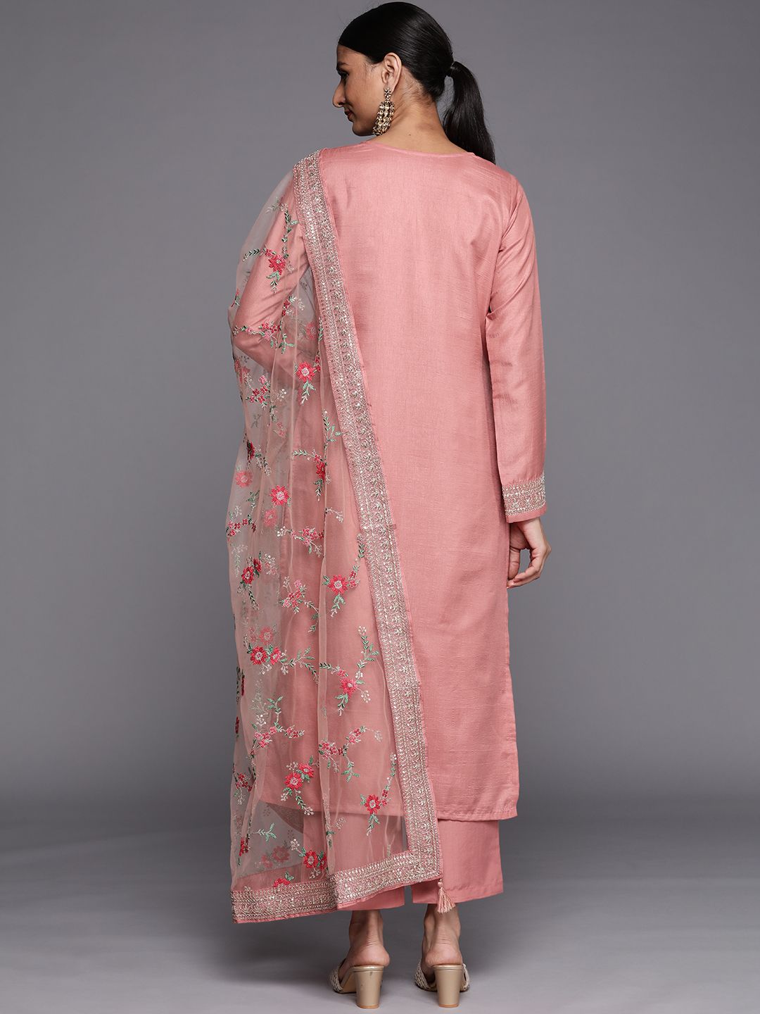 Libas Women Peach-Coloured Floral Kurta with Trousers & Dupatta