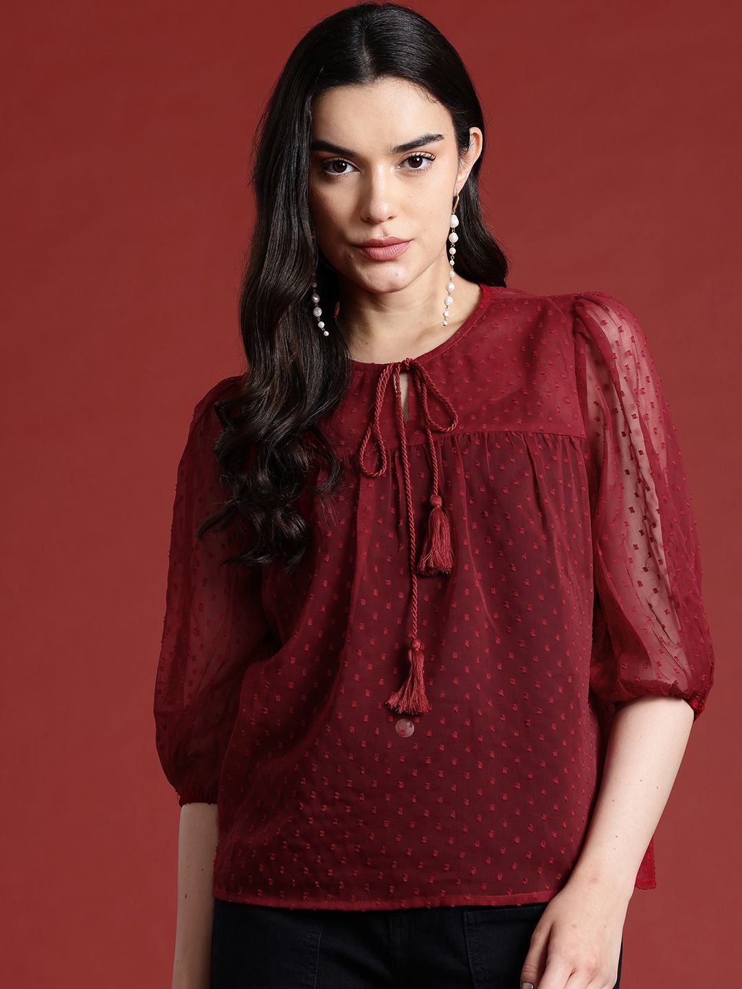 all about you Dobby Woven Tie-Up Neck Puff Sleeve Top