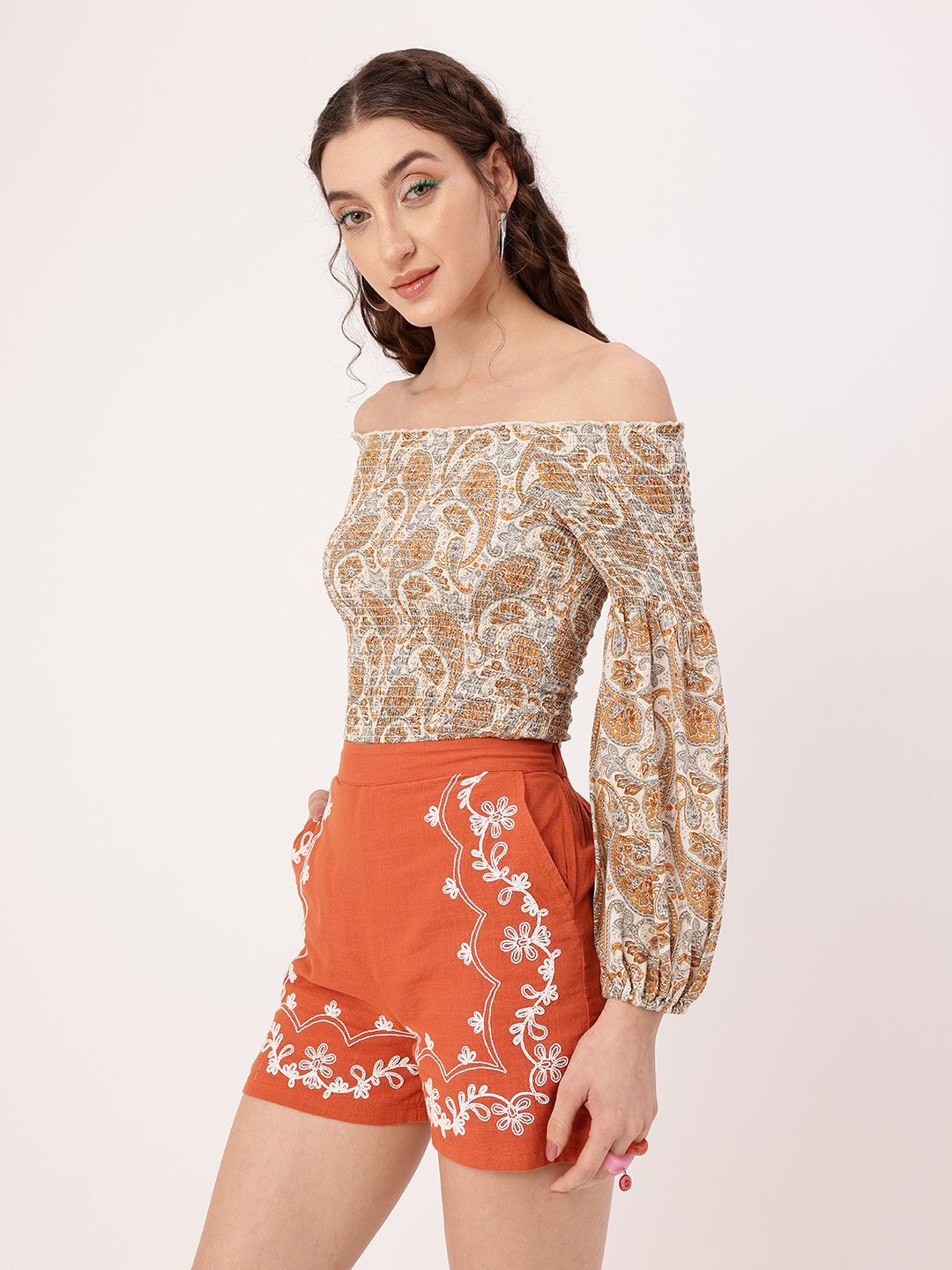 DressBerry Coachella Core Smocked Paisley Printed Off-Shoulder Fitted Crop Top
