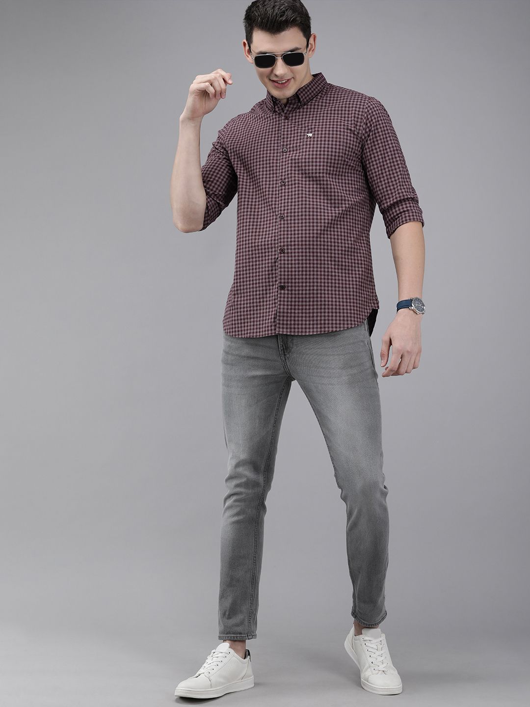 THE BEAR HOUSE Men Maroon & Pink Slim Fit Gingham Checked Cotton Shirt