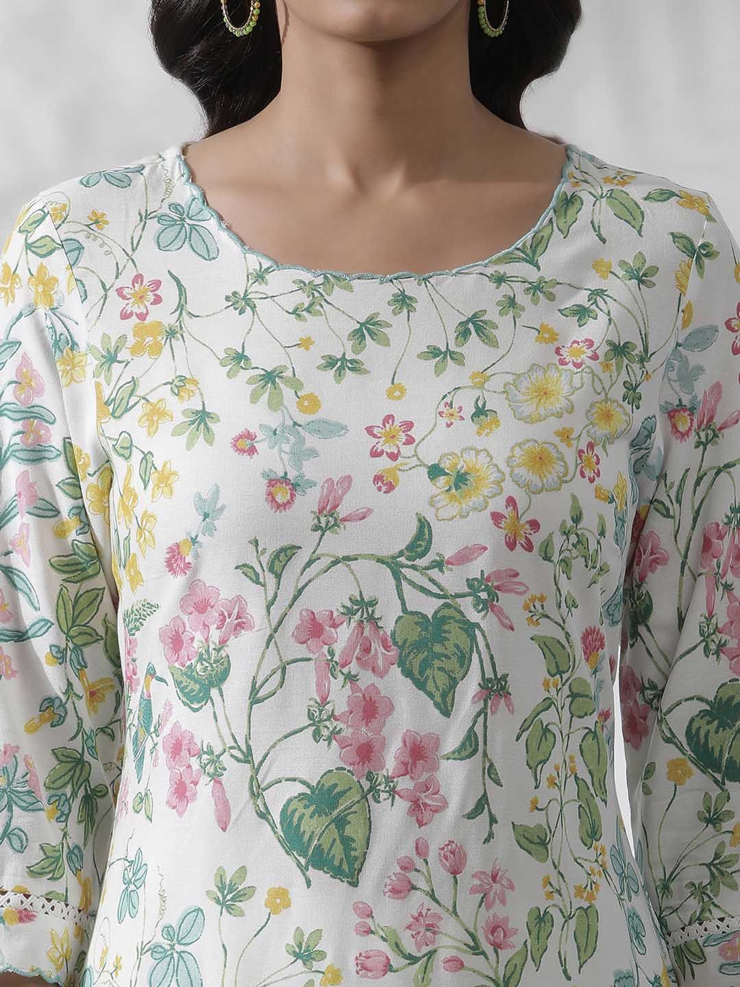 W White Floral Printed Straight Kurta