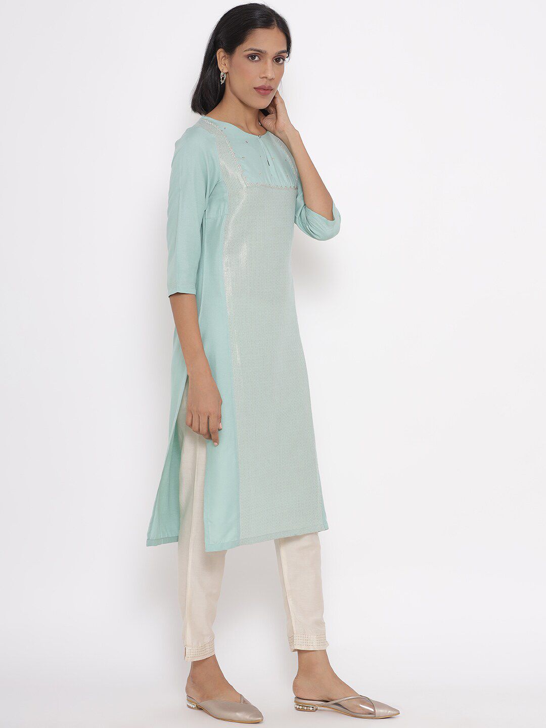 W Women Jacquard Kurta with Embroidered Yoke