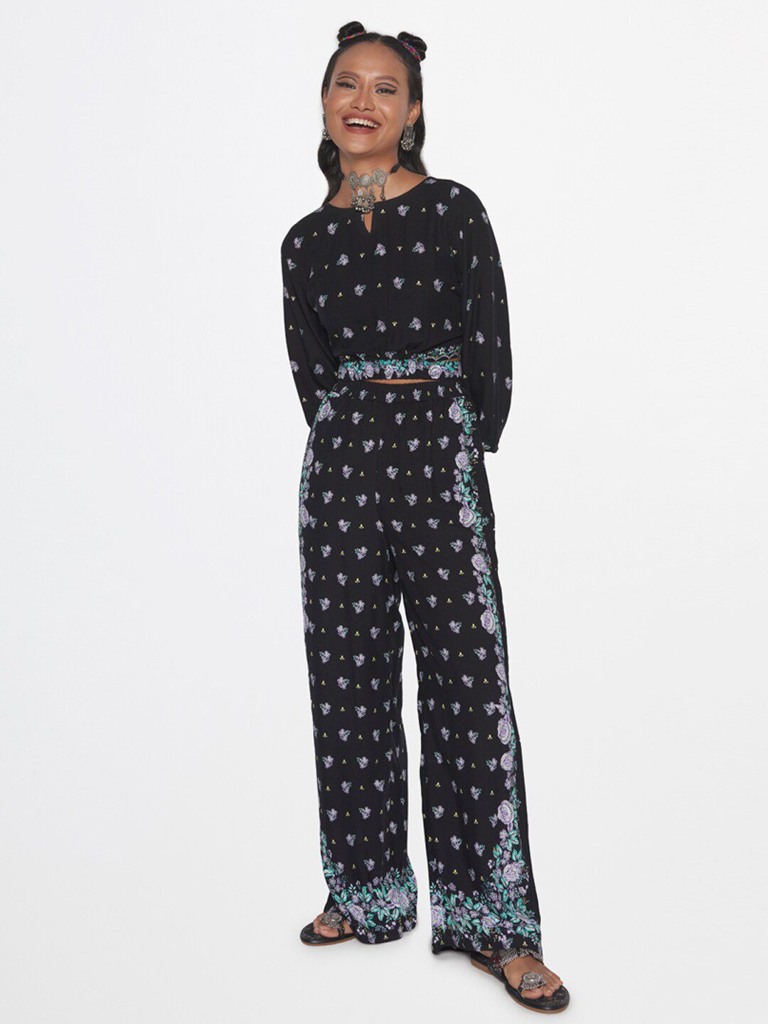 Global Desi Printed Crop Top With Trousers