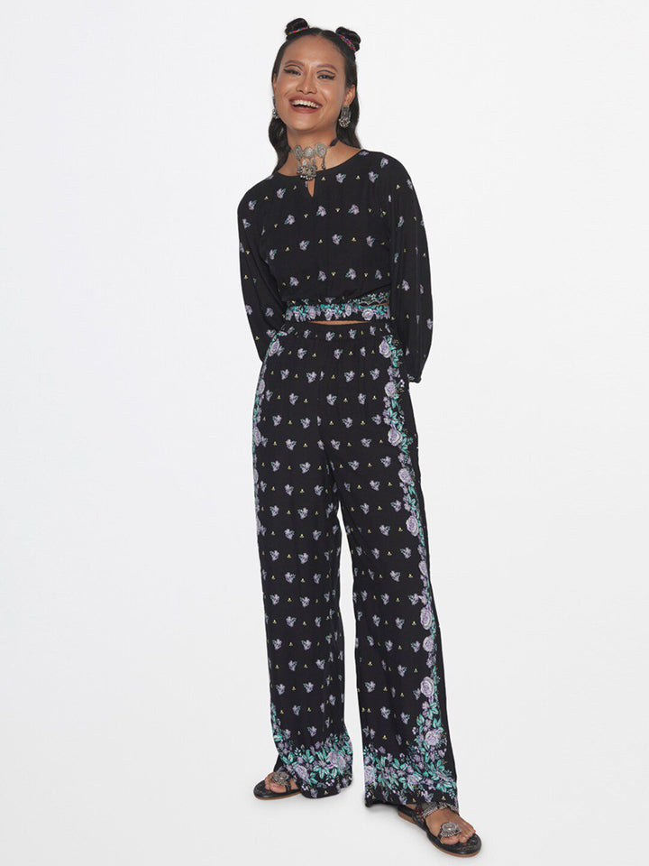 Global Desi Printed Crop Top With Trousers