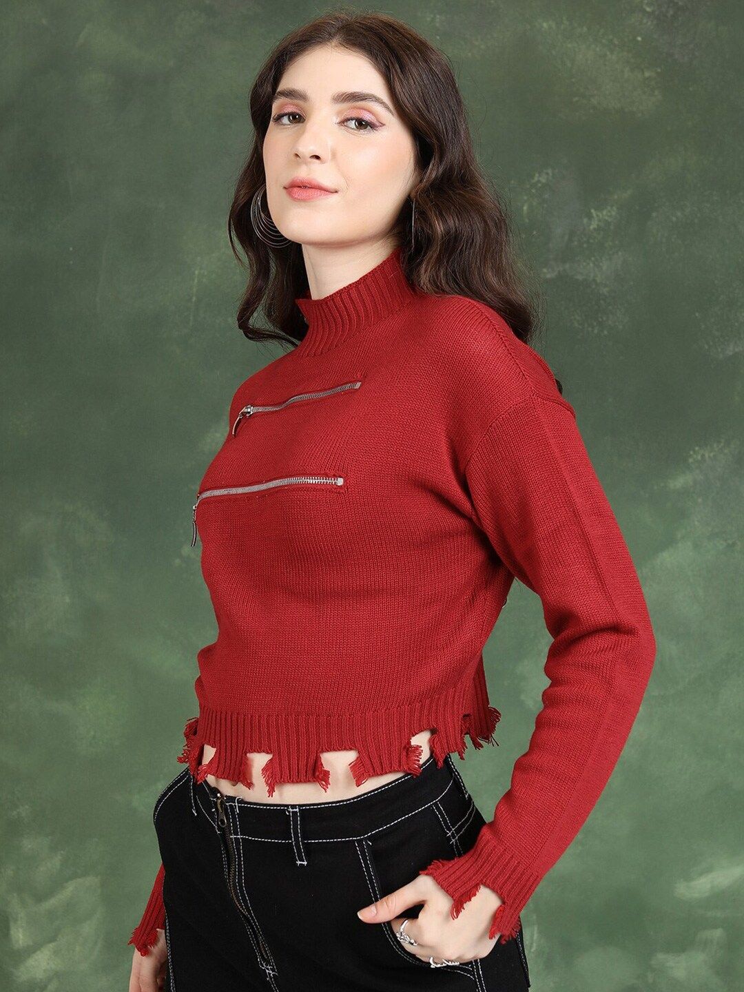 Tokyo Talkies Red High Neck Acrylic Crop Pullover