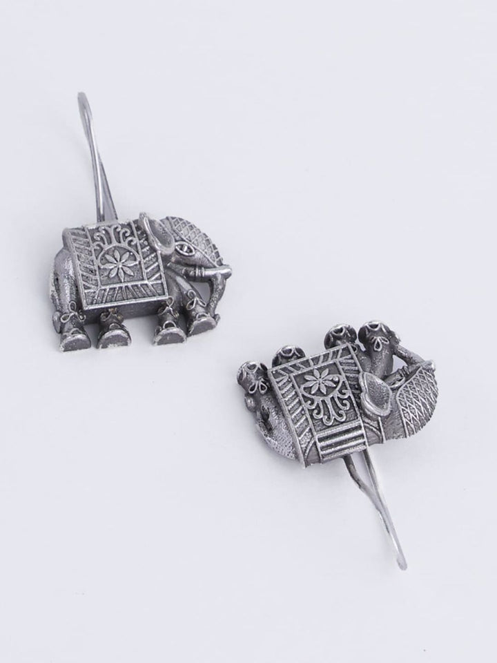PANASH Silver Toned Elephant Shaped Oxidized Silver-Plated Drop Earrings