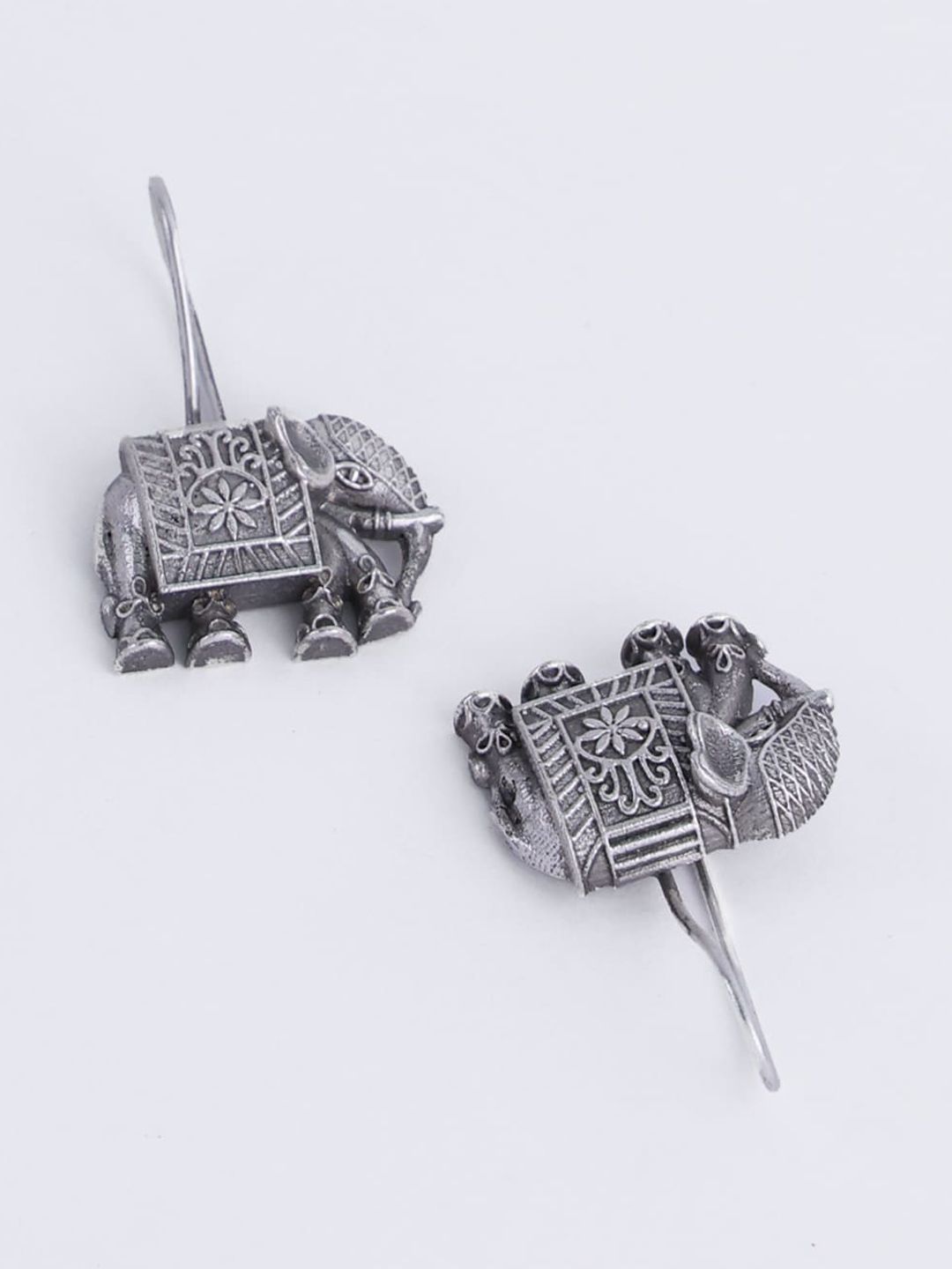 PANASH Silver Toned Elephant Shaped Oxidized Silver-Plated Drop Earrings