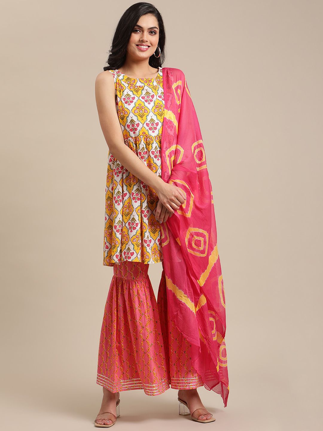 Varanga Women Mustard Yellow Floral Printed Empire Pure Cotton Kurti with Sharara & With Dupatta