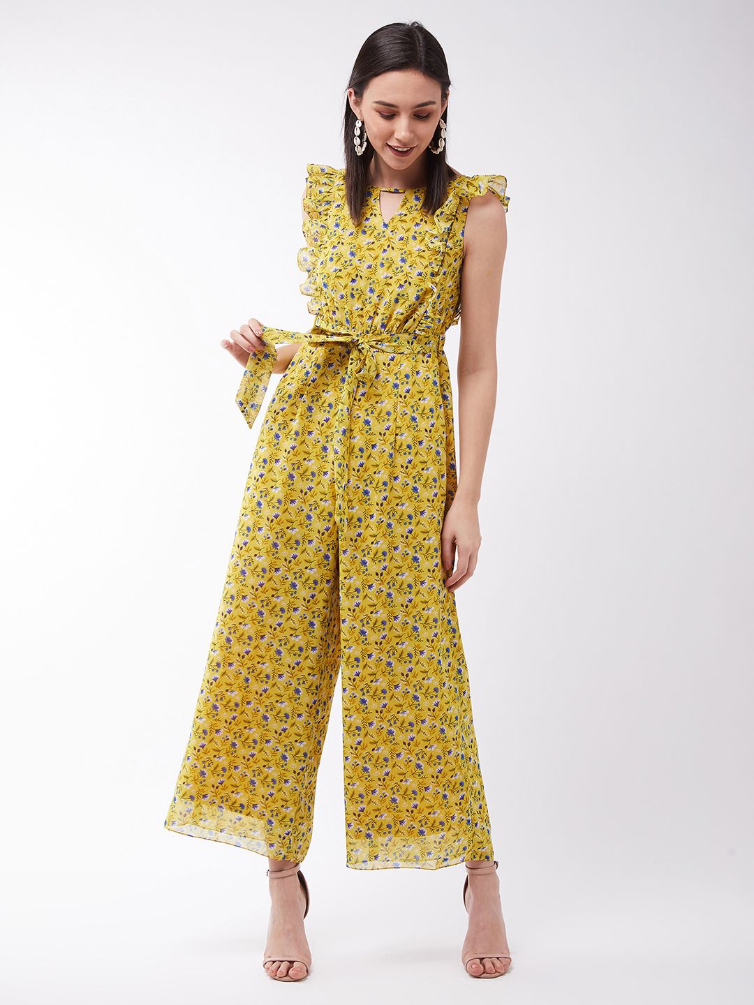 Miss Chase Women Chase Floral Printed Frilled Neck Lengan Tanpa Lengan Lebar Lebar Biasa Jumpsuit