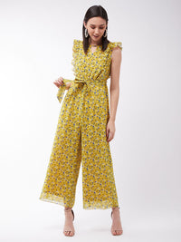 Miss Chase Women Chase Floral Printed Frilled Neck Lengan Tanpa Lengan Lebar Lebar Biasa Jumpsuit