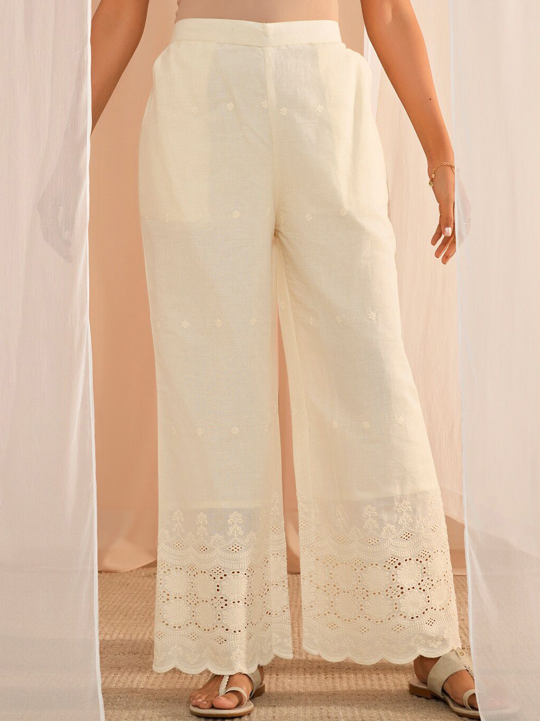 Libas Off White Self Design Round Neck Pure Cotton Kurti With Palazzos
