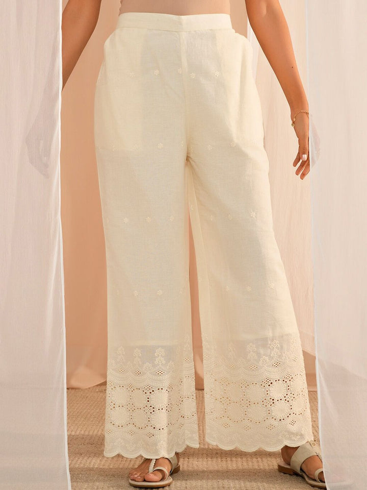 Libas Off White Self Design Round Neck Pure Cotton Kurti With Palazzos