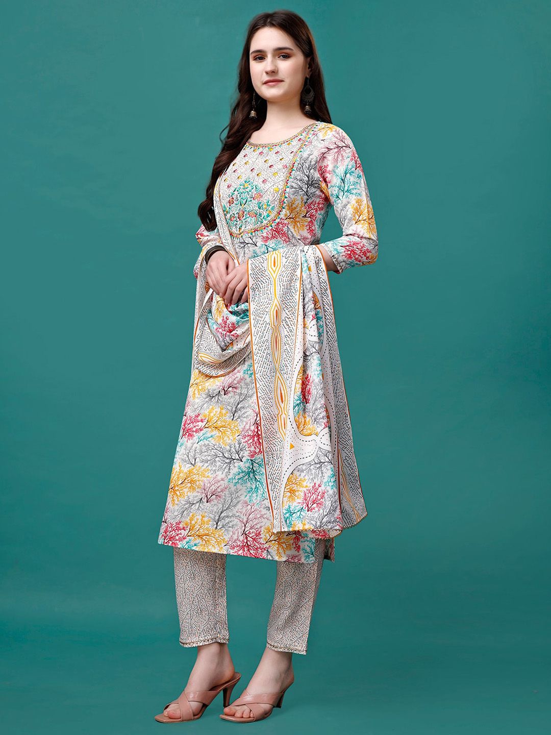 KALINI Floral Printed Embroidered Thread Work Straight Kurta With Trousers & Dupatta