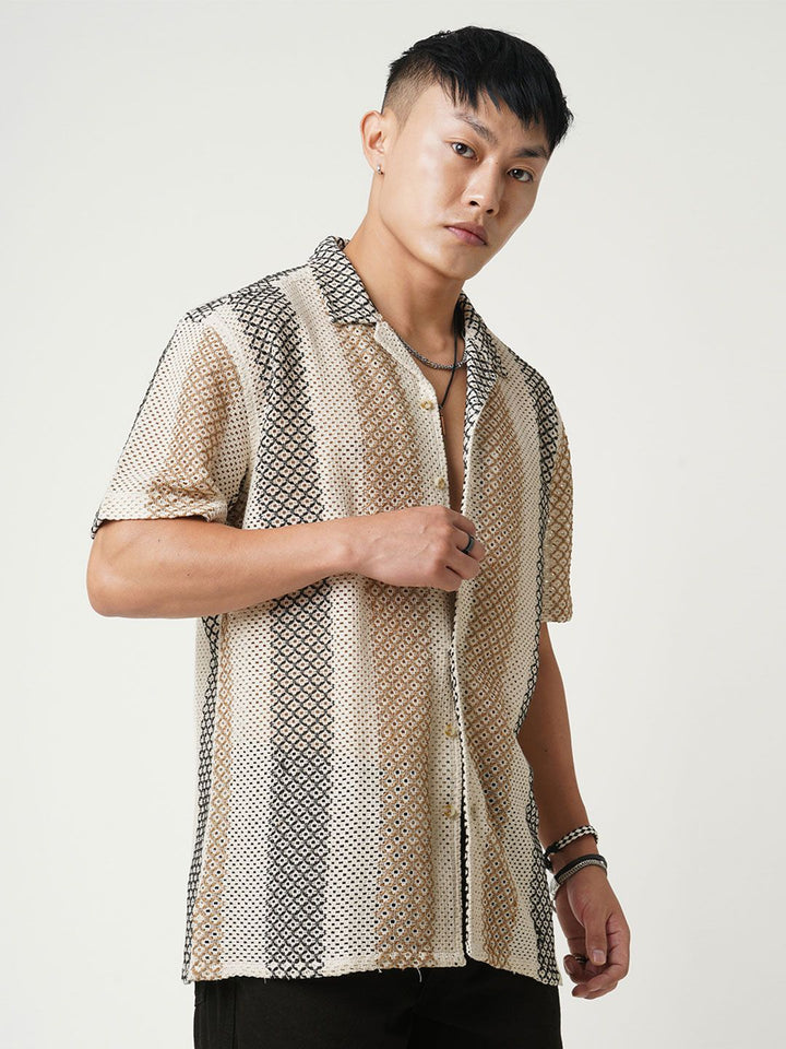 VASTRADO Men Classic Cuban Collar Multi Striped Pure Cotton Oversized Casual Shirt