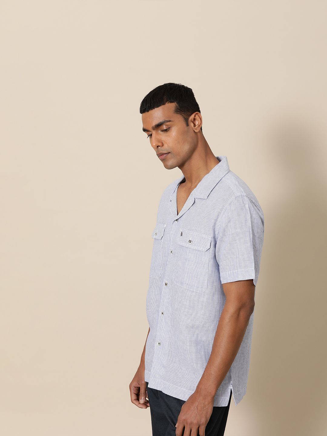 Mr Bowerbird Men Navy Blue & White Liberal Fit Striped Casual Shirt