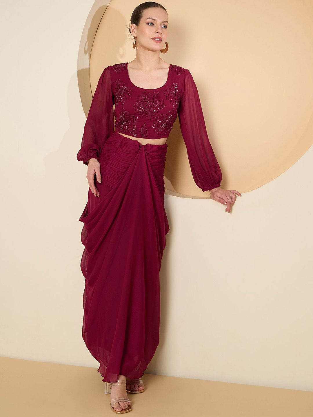 Antheaa Round Neck Floral Beads And Stones Crop Top With Skirts