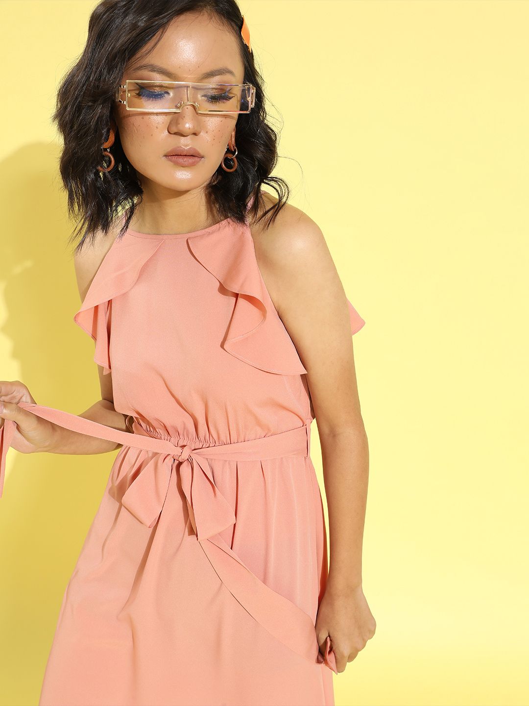 Berrylush Pink Solid Ruffle Detail Dress