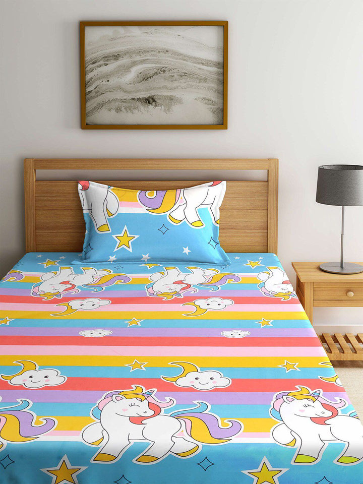 KLOTTHE Turquoise Blue & Yellow Cartoon Characters 210 TC Single Bedsheet with 1 Pillow Covers
