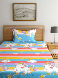 KLOTTHE Turquoise Blue & Yellow Cartoon Characters 210 TC Single Bedsheet with 1 Pillow Covers