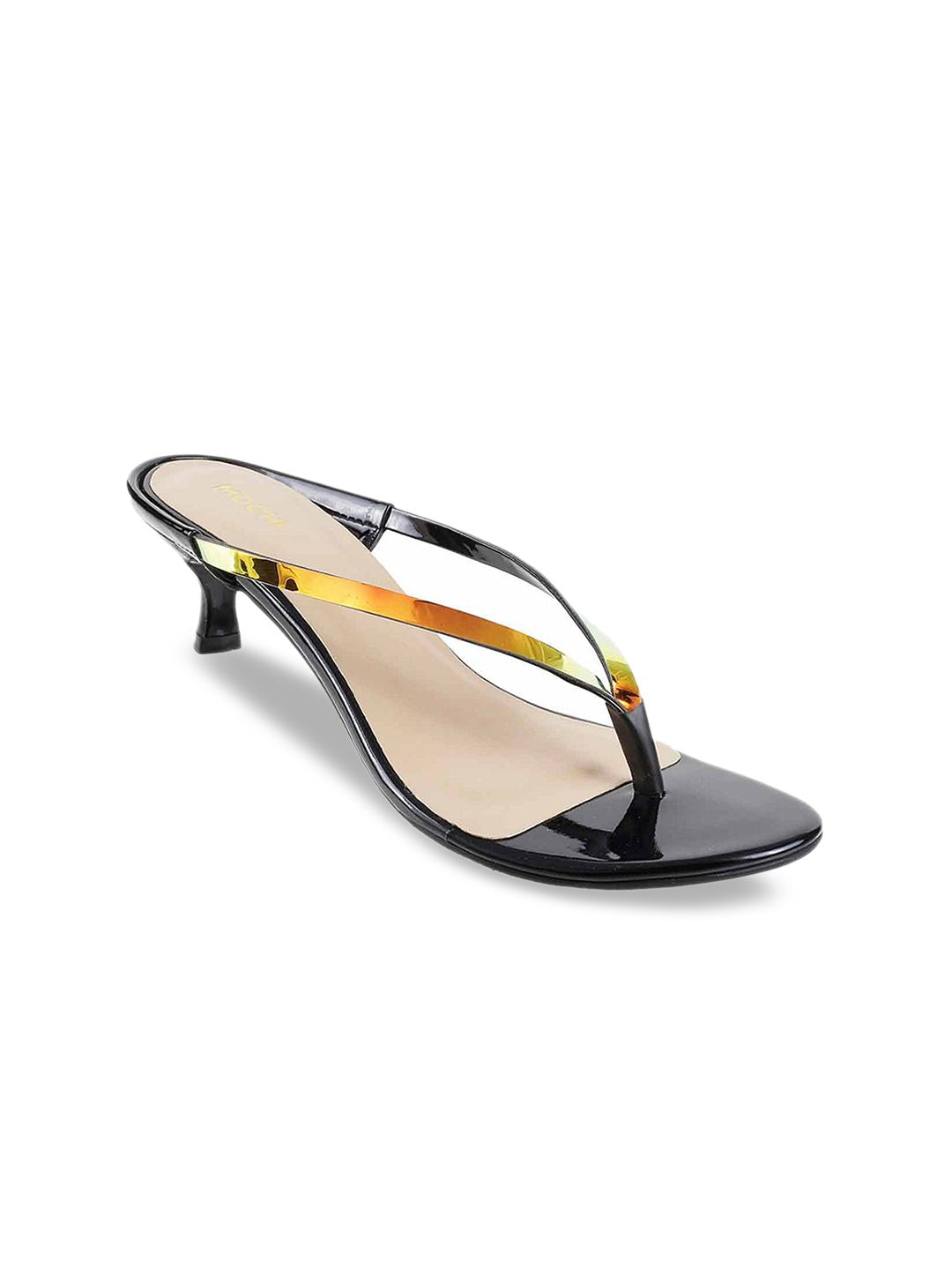 Mochi Women Gold-Toned & Black Solid Kitten Heels