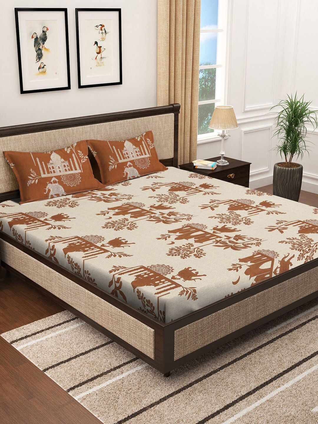 KLOTTHE Beige & Brown Printed 300TC Dilengkapi Cadar King Double & 2 Sarung Bantal