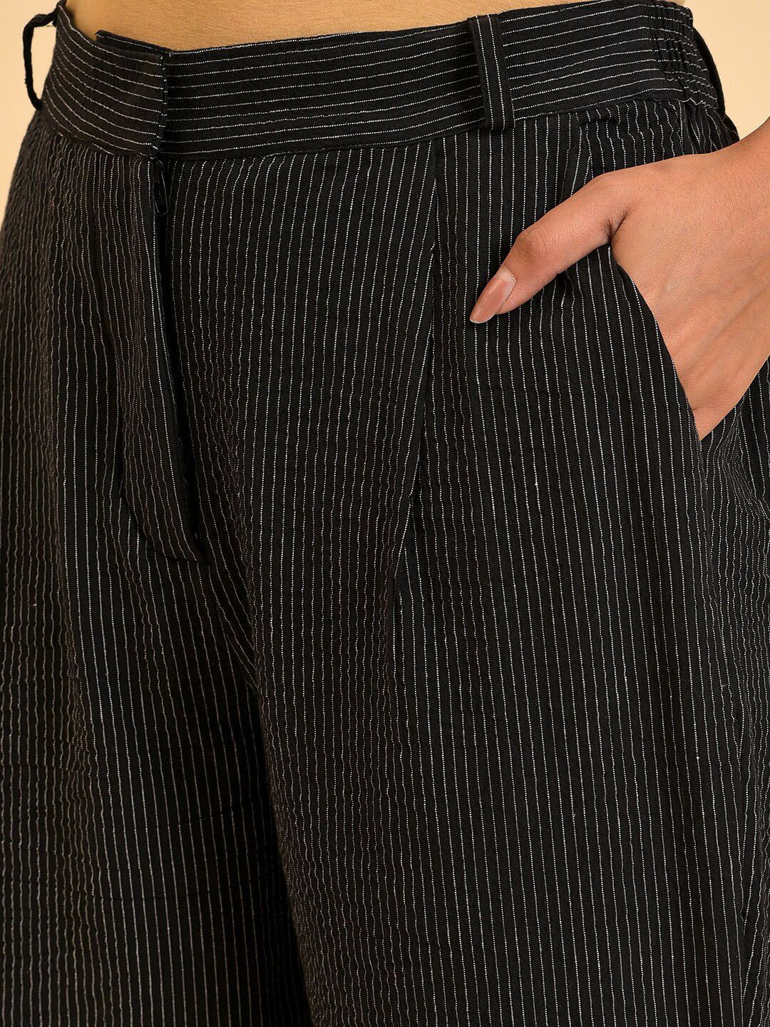 W Women Black Striped Pure Cotton Pleated Trousers