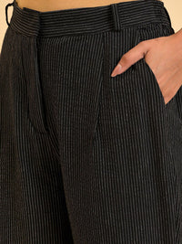 W Women Black Striped Pure Cotton Pleated Trousers