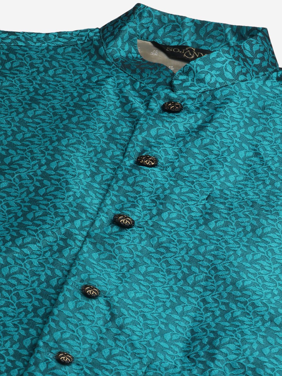 SOJANYA Men Green & Teal Blue Woven Design Kurta with Churidar & Nehru Jacket