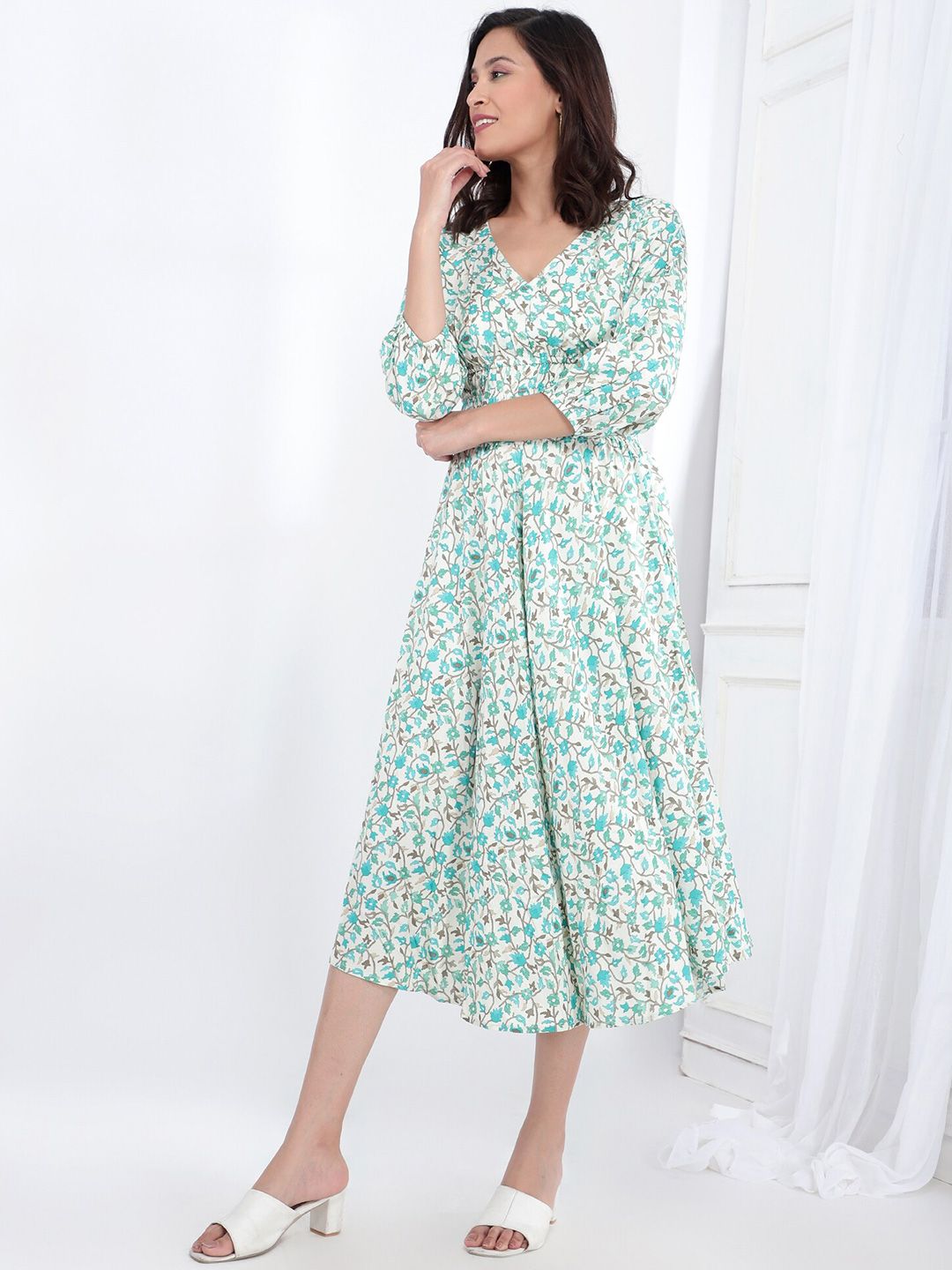 Bani Women Floral Printed V-Neck Smocked A-Line Midi Dress