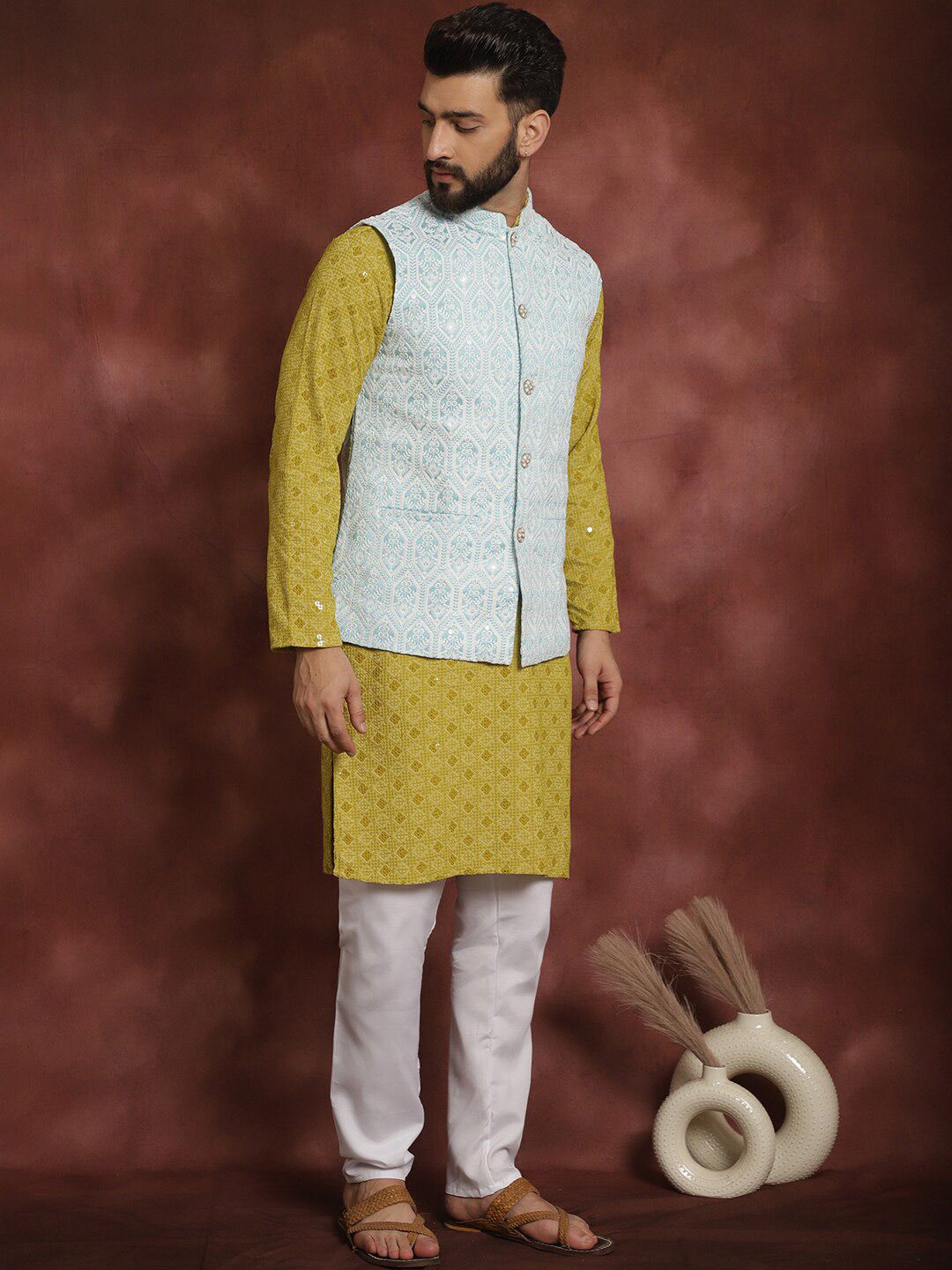 Anouk Embroidered Regular Thread Work Kurta & Churidar With Nehru Jacket