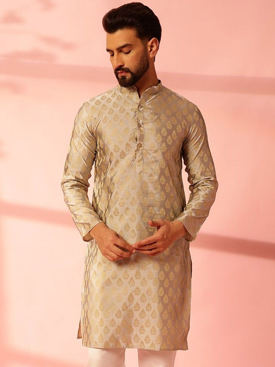 Anouk Ethnic Motifs Woven Design Band Collar Cotton Silk Straight Kurta