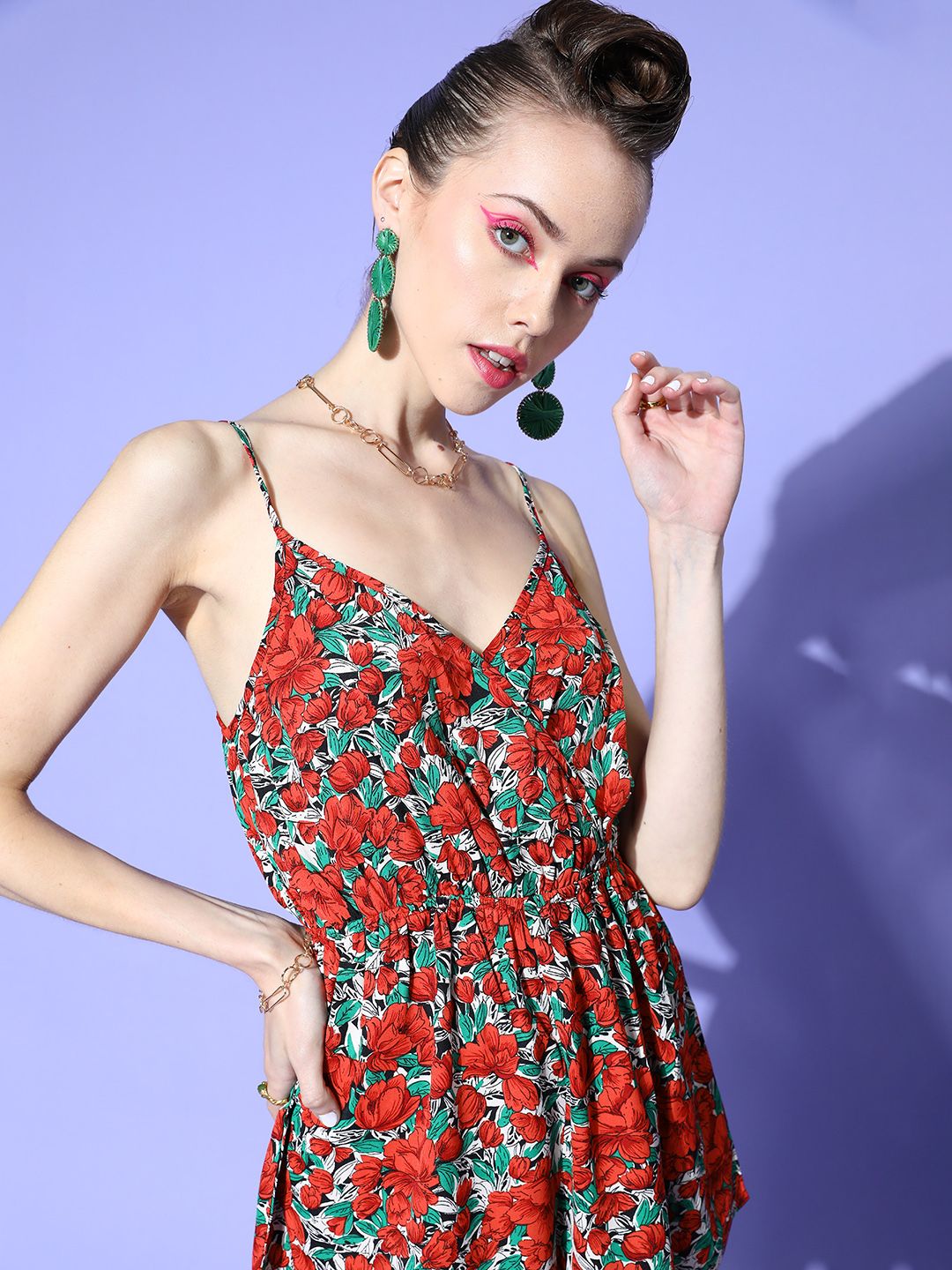 Berrylush Women Red & Green Floral Print Playsuit