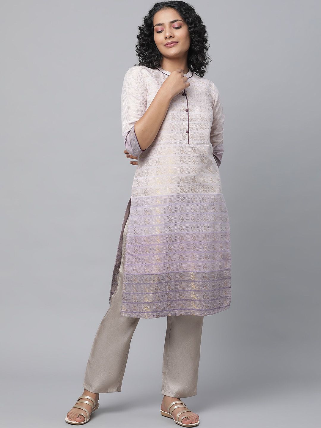 AURELIA Band Collar Woven Design Zari Kurta