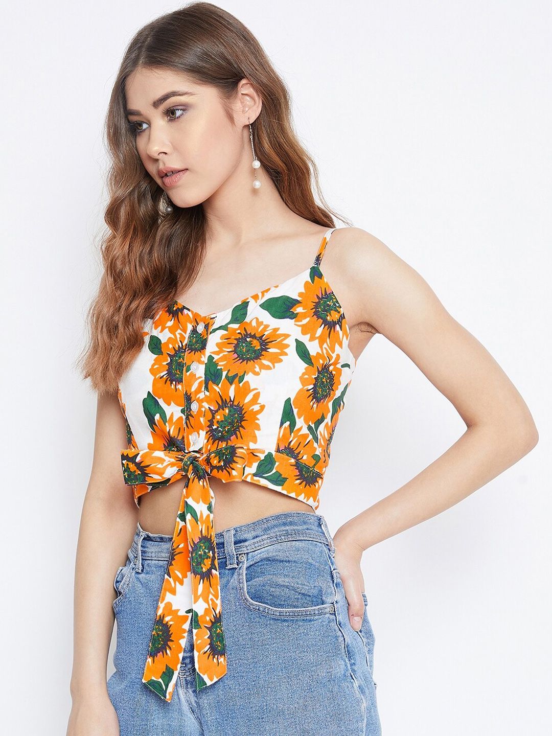 Berrylush Women Yellow Printed Crop Top