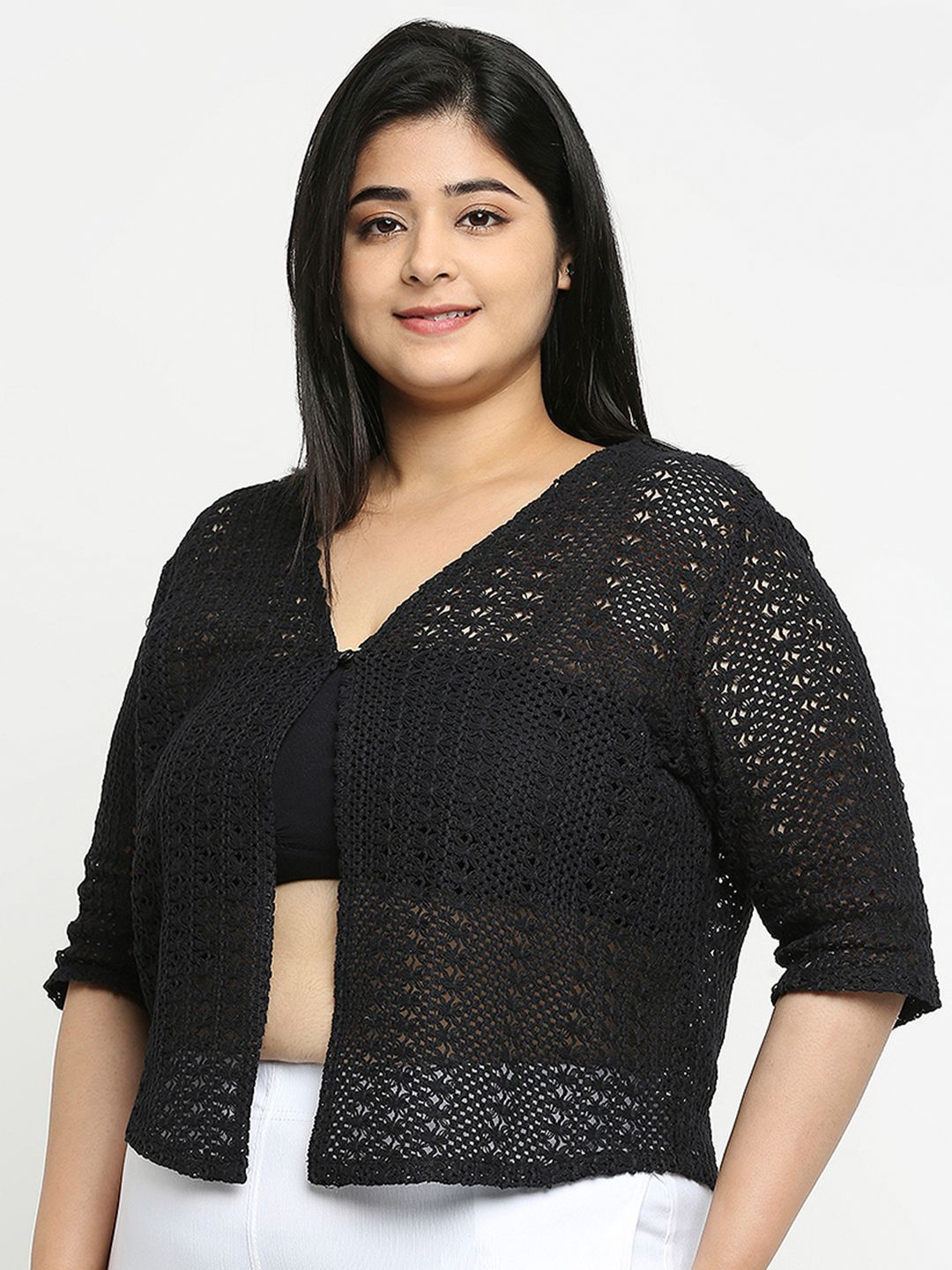Style Quotient Plus Size Women Self Design Lace Open Front Smart Casual Shrug