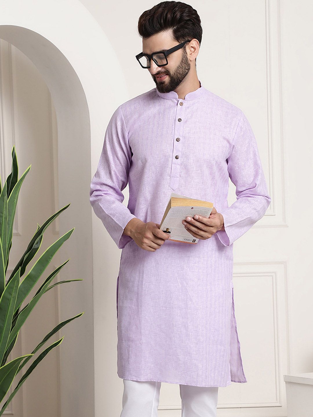 Anug by SOJANYA Men Lavender Checked Dobby Kurta