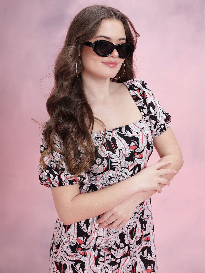 DressBerry Floral Print Puff Sleeve A-Line Midi Dress