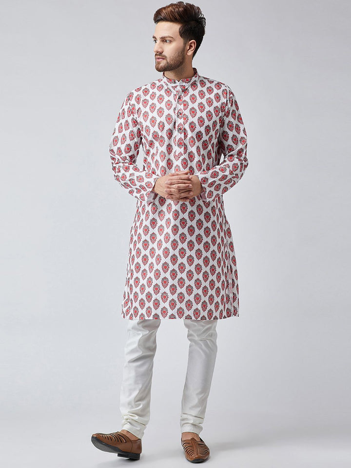 SOJANYA Men White & Red Printed Straight Kurta