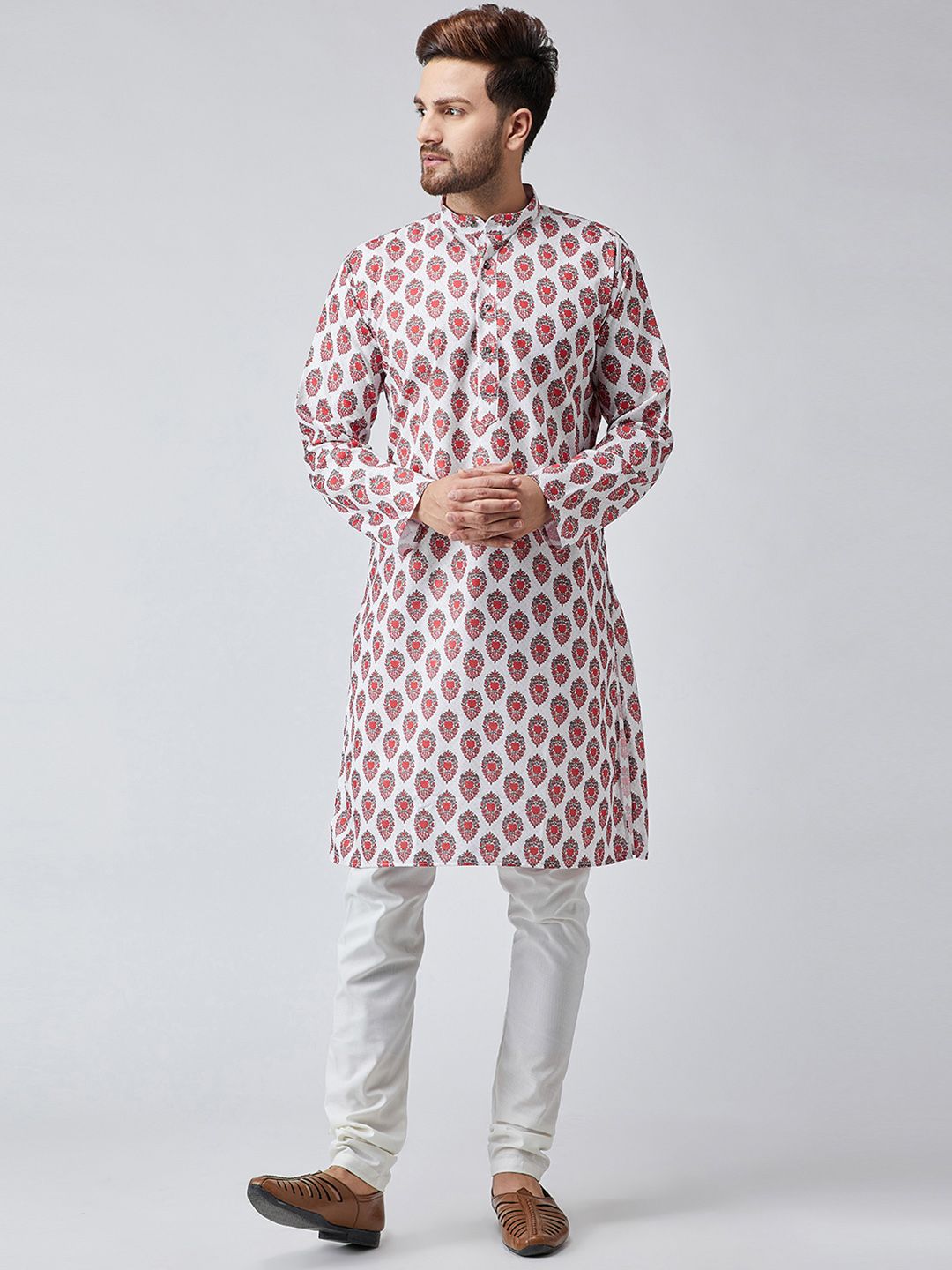 SOJANYA Men White & Red Printed Straight Kurta